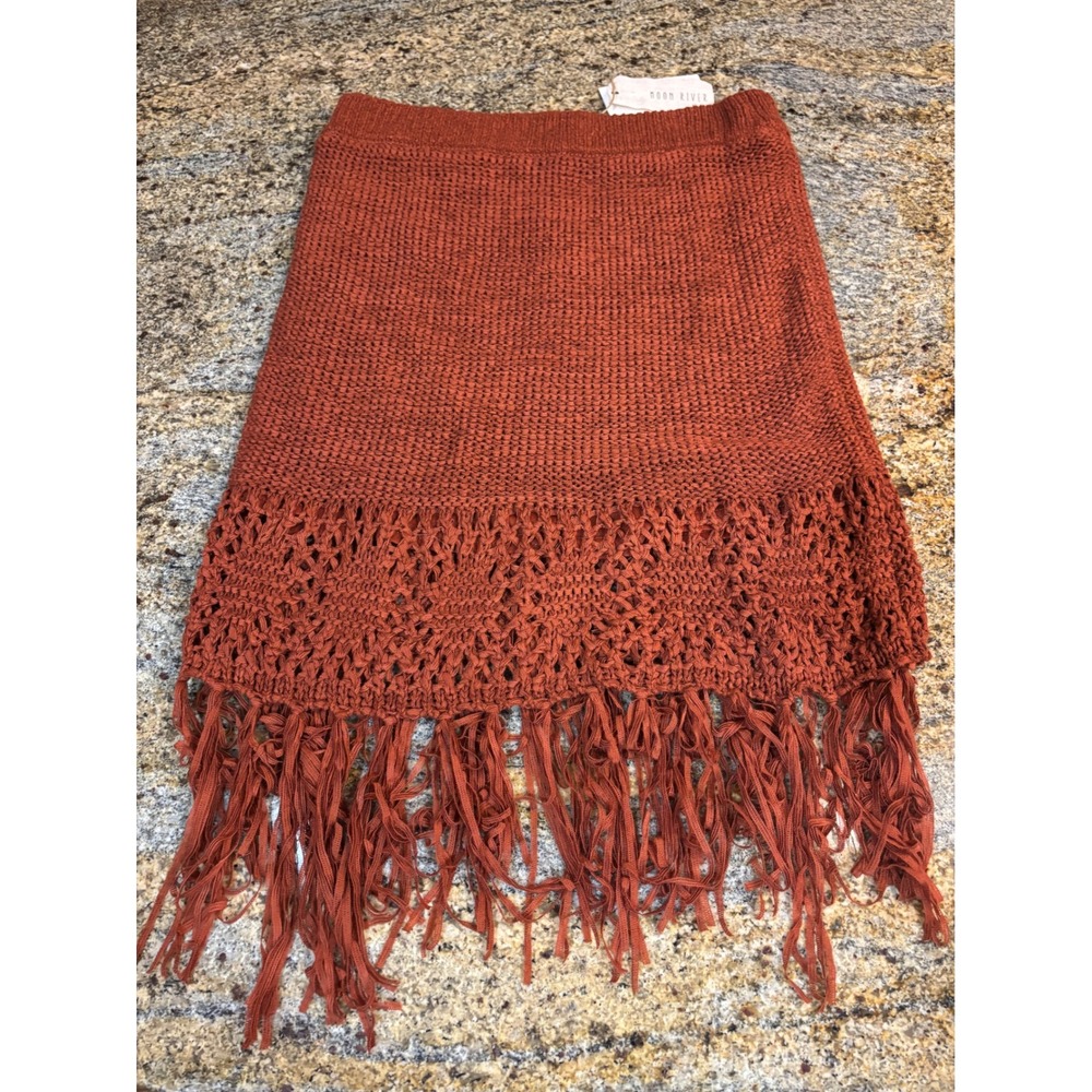 NWT Moon River Rust Knit Crochet Fringe Skirt L Boho Festival - Picture 3 of 9